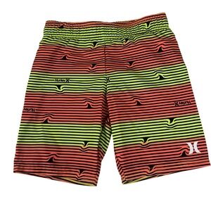 Hurley Boys 7 Swim Trunks Orange Neon Yellow Striped Shark Fin Board Shorts NWOT